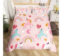 Homemissing Set di biancheria da letto per bambini, con copripiumino rosa e arcobaleno, traspirante, per letto singolo, con cerniera