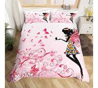 Homemissing Set di biancheria da letto per bambini con fata con ali e farfalle volanti rosa, copripiumino per letto matrimoniale, copripiumino con motivo floreale e fiori colorati, 3 pezzi