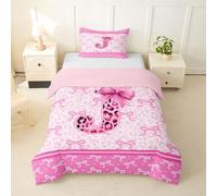 Homemissing Set di biancheria da letto per bambini e bambine, con stampa leopardata e fiocco rosa, set di biancheria da letto con lettera J e papillon morbido, 2 pezzi, chiusura