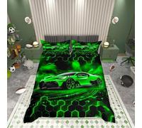 Homemissing Set di biancheria da letto per bambini e ragazzi, motivo auto da corsa, colore verde, con glitter a nido d'ape, per sport estremi, con 1 federa