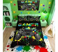 Homemissing Set di biancheria da letto per ragazzi e adolescenti con controller di gioco, copripiumino con inchiostro colorato, decorazione per bambini, 220 x 230 cm, biancheria da letto nera