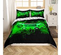 Homemissing Set di biancheria da letto per ragazzi e ragazze, con motivo controller di gioco, moderno, con pulsanti d'azione, per letto king size, verde e nero