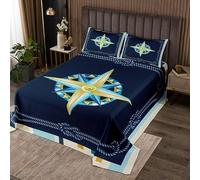 Homemissing Set di copriletti nautici Acquerello Bussola Oceano Trapuntato Copriletto per Bambini Ragazzi Ragazze Camera Decor Coastal Coverlet Sea Adventure 3Pcs Matrimoniale
