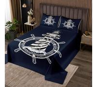 Homemissing Set di copriletti nautici con faro, timone trapuntato, copriletto, per bambini, ragazzi, ragazze, decorazione della camera a tema oceano marino avventura marino, 3 pezzi king size