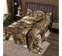 Homemissing Set di copriletto trapuntato con cervo mimetico, per bambini, ragazzi, ragazze, rustico, cervo alce in legno, motivo animali selvatici, trapuntato, matrimoniale