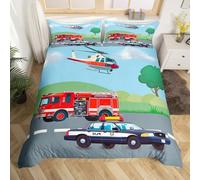 Homemissing - Set di lenzuola con copripiumino, motivo camion dei pompieri e auto della polizia, per ragazzi e adolescenti, 140x200cm, ideale per camere da letto, decorazione per ragazzi