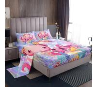 Homemissing Set di lenzuola per bambini con meduse oceano, per ragazzi e ragazze, con motivo creature marine e mondo sottomarino, con tasca profonda, lenzuolo con angoli, squame di sirena, set di