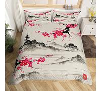 Homemissing Stile giapponese Set Copripiumino 200x200cm Ukiyoe giapponese Copripiumone per Home Soggiorno Reversible Sakura Fiore Tradizionale Retro Tema Rosa Decorativo Copripiumini