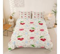 Homemissing Sweet Cherry Lips Set Copripiumino 135x200cm | beige Leopardo Stampa Reversibile 2 Pezzi bacio labbra rosse con 1 federa 51x75cm Lavabile in Lavatri Lavabile in Lavatri