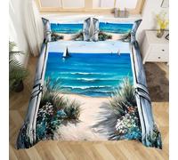 Homemissing Tema della spiaggia Copripiumone Morbido Bambini Mare Onda Oceano Gabbiano Animale Set Copripiumino 200x200cm per ragazzi Paesaggio costiero Legno Tavola Porta Modello Fiore della stanza