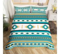 Homemissing Verde giallo sud-occidentale azteco Set Copripiumino 260x220cm geometrico vintage Copripiumini geometria bohemian boho tribale rustico Copripiumone Morbido camera 2 cuscino caso