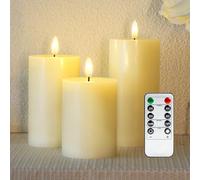 Homemory Candele tremolanti senza fiamma, a batteria, realistiche candele a LED con telecomando e timer, imitazione di vera cera, avorio, D3 x H4 12,7 cm 15,2 cm, set da 3