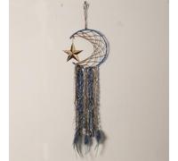 Homeponnew Acchiappasogni da appendere alla parete con piume e nappe, luna e stella, decorazione per la casa, decorazione per la stanza delle ragazze, stile vintage, 20 cm, blu