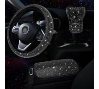 Homeponnew Coprivolante con strass e pomello del cambio, set da 3 pezzi per interni auto, in pelle scamosciata, misura standard da 38 cm, colore nero (nero)