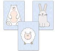 Homery Set di 3 immagini da parete per cameretta dei bambini, poster di alta qualità, formato DIN A4, decorazione per ragazze e ragazzi, colori moderni, stampa artistica (animali blu)