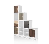HOMES: Inside + Out Catrina - Libreria moderna a 10 cubi con cassetto, scala angolare a forma di L, scaffale organizer a 4 ripiani per soggiorno, camera da letto, ufficio, appartamento, bianco