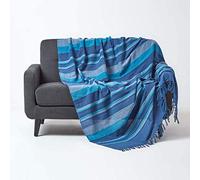 HOMESCAPES Marocco strutturato Stripe Tiro 90 x 100 Cm Blu Navy Aqua Duck Egg fatto a mano 100% cotone Adatto per la maggior parte dei tre divani posti Doppia copriletti King Easy Care lavabili a casa