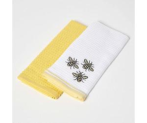 Homescapes - Set di 2 strofinacci da cucina in 100% cotone, super assorbenti, senza pelucchi, motivo "Bumble Bee", 40 x 60 cm, colore: giallo