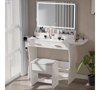 Homesflex Scrivania da trucco bianca moderna con luci regolabili, specchio e vano portaoggetti - Set di cosmetici completo con cassetti, ripiani e sgabello