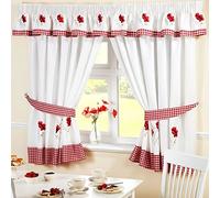 Homespace Direct Tende da Cucina con fermatende, Ricamate, con Pieghe a Matita, a Tema Floreale di Papaveri e con Tessuto a Quadretti, Colore Rosso, Poliestere, Red, 66 x 54