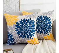 HomeStilez Copricuscini per Divani 50x50cm Set di 2 Fiori Moderni Dahlia Giallo e Blu Navy Fodere per Cuscini Decorativa Morbida Grigia per Soggiorno Divano per Ufficio All'aperto
