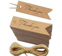 HOMETOOLS.EU® - 100 x carta kraft, cartone naturale, etichette regalo, etichette di carta, etichette, 7 x 2 cm, con filo di iuta da 10 m, Thank You, grazie, marrone naturale