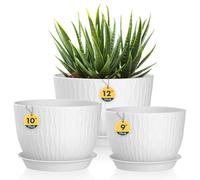 Homeuouz Set di 3 vasi grandi e larghi con sottovaso, 30/25/22 cm, in plastica, per interni ed esterni, con fori di drenaggio, struttura ondulata d'acqua, colore bianco