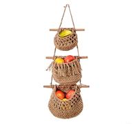 HomeVortex Cesto per frutta a 3 ripiani, da appendere alla parete, in legno e cotone, organizer per cucina, multicolore, decorativo, per frutta, chiavi, bicchieri (marrone)