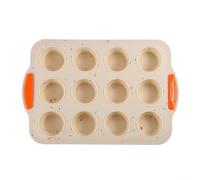 HomeVortex Stampo in silicone antiaderente con 12 fori, per muffin, cupcake, con manico, per morsi di uova, crostate, biscotti, lavabile in lavastoviglie (beige)