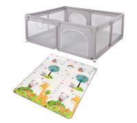 Homewell Parco per bambini, parco bambino sicuro, 150 x 180 cm, area giochi con 2 accesso laterale con cerniera e tappeti, cancelletto per bambini, borsa per il trasporto, grigio