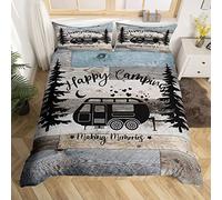 Homewish Biancheria da letto in stile rustico con scritta "Happy Campeggio", copripiumino per ragazzi e ragazzi, con disegno a schizzo nero, stile vintage, per letto king size