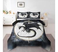 Homewish Black Dragon King - Set copripiumino e 2 federe | Set copripiumino lavabile per tutte le stagioni con luna, stelle, animali volanti, stile gotico