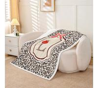 Homewish Coperta in pile con stampa leopardata, 127 x 152 cm, per divano | Coperta moderna in pile Sherpa con fiocco rosso e labbra, stampa leopardata dell'alfabeto L, pelosa, leggera
