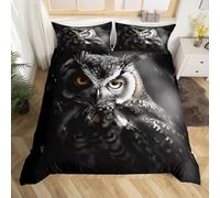 Homewish Copripiumino 220 x 240 gufo 3D con 2 federe, set di copripiumini neri e grigi, set di copripiumini per uccelli selvatici, copriletto fauna e flora del legno