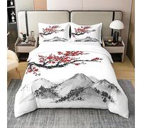 Homewish Cotone, Copripiumino 240x260 Stile Giapponese, Set di Biancheria da Letto Stampato Fiori di Ciliegio Rosso per Adulti Donne Adolescenti, Set da Letto Pittura A Inchiostro Monte Fuji