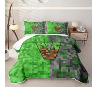 Homewish Personalizzato Lettera iniziale V Copriletto Singolo Microfibra | Pixel Grid Miners Set di biancheria da letto trapuntata Pixelated Miners Gaming Coverlet Quilt Set