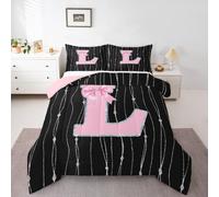 Homewish Pink and Black Alphabet - Set copripiumino king size, 3 pezzi | Grazioso piumino con fiocco per tutte le stagioni carino glitterato a righe trapunta coperta biancheria da letto leggera