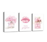 Homewish Rosa Wall Art Lovely Romance Makeup Wall Decor, Fashion Lady Trendy Woman Picture Paintings, Gorgeous Lipstick Poster Moderno Stile Parigi Profumo Beauty Room Decor, Incorniciato 40x30cmx3Pcs