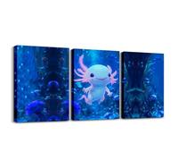 Homewish Salamander Paintings Cute Newt Wall Art Cartoon Wildlife Salamander Canvas Wall Art 40x30cmx3Pcs Blue Ocean Animal Stampe