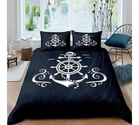 Homewish Set biancheria da letto con ancoraggio nautico, copripiumino matrimoniale modello barca a vela oceano blu marino, con bussola costiera, motivo oceano blu, con cerniera