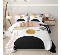 Homewish Set copriletto trapuntato Boho rosa nero e oro per letto king size | Copriletto in microfibra astratto metà secolo minimalista estetica geometrica set moderno bohemien chic biancheria da letto
