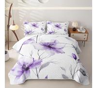 Homewish Set copriletto trapuntato con fiori bohémien king size | Viola Floreale Artistico Microfibra Coverlet Elegante Acquerello Floreale Boho Quilt Set Inchiostro Pittura Blossom & Leaf