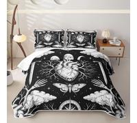 Homewish Set copriletto trapuntato king size gotico con teschio e cuore | Set di biancheria da letto in microfibra con copriletto e trapunta in microfibra, motivo falena mortale