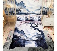 Homewish - Set Copripiumino Giapponese con Motivo Sakura, Set di Biancheria da Letto Cinese Orientale Vintage per Bambini, Adolescenti e Adulti, Stampa Paesaggistica con Pittura a Inchiostro, Set di