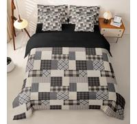Homewish Set copripiumino king size patchwork vintage 7 pezzi | Set di biancheria da letto retrò marrone grigio a scacchi stile casale con federe morbide federe 45 x 45 cm