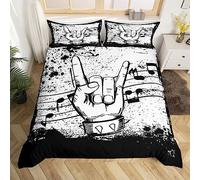 Homewish Set copripiumino matrimoniale con musica rock, decorazione per | Set copripiumino con 2 federe, stampa note musicali, colore bianco e nero, set da letto per adulti e ragazzi, grunge rockstar