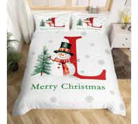 Homewish Set copripiumino matrimoniale con ornamento natalizio con monogramma pupazzo di neve iniziale L biancheria da letto invernale magico fiocco di neve copriletto trapunta copripiumino albero di