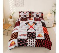 Homewish Set copripiumino singolo con ascia, per bambini e adolescenti, con elmo antincendio con elmetto idraulico, patchwork, fiamma, vigile del fuoco