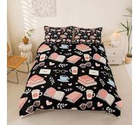 Homewish Set copripiumino singolo con motivo a libri e tazze da tè e caffè, per bambini e adolescenti, romantici occhiali, lettere d'amore, foglie, set di biancheria da letto botanico