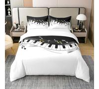 Homewish Set copripiumino singolo in 100% cotone le con note musicali, decorazione per camera da letto, per adolescenti, ragazzi, ragazze, adulti, con tasti di pianoforte, tastiera e lacci con